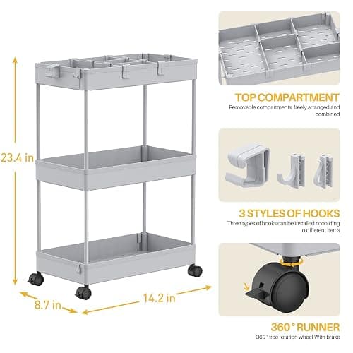 SPACELEAD 3 Tier Rolling Cart with Wheels, Storage Craft Art Trolley Organizer Serving, 3 Hanging Baskets Easy Assembly, for Office, Living Room, Kitchen, Gray thumbnail 3