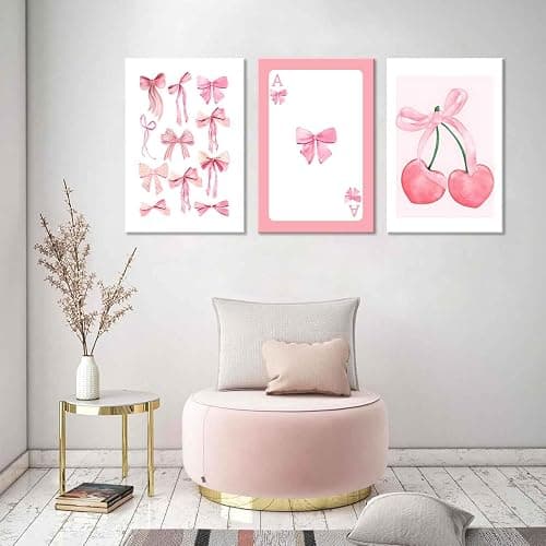 3Pcs Trendy Pink Bows Canvas Wall Art Preppy Watercolor Bows Wall Decor Pictures Girly Coquette Room Decor Aesthetic Posters Prints for College Apartment Bedroom Decoration 16x24in thumbnail 8
