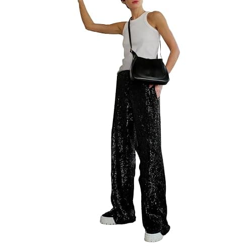 Women Sequin Flared Trousers High Waisted Sparkly Wide Leg Trousers Party Clubwear Shiny Bell Bottom Pants thumbnail 5