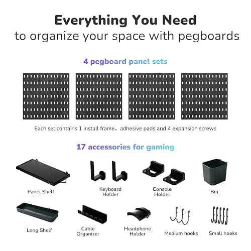 Keepo Pegboard Combination Kit, Pegboards and Accessories Modular Hanging for Gaming Setup, Gaming Station Peg Board, Gaming Organizer, Wall Game Controller Holder, Headset Stand (Black, 22″×22″) thumbnail 4