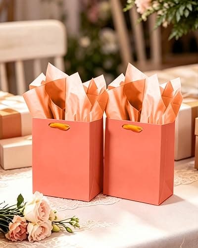 qiqee 10PCS Pink-Orange Mini Gift Bags with Tissue Paper Handles 6.3"x4.7"x2.4" Small Size Present Party Favor Bags（ Tissue Paper ） thumbnail 6