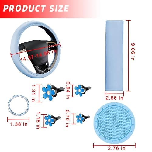 KHGUZ 10PCS Car Accessories Set, Vehicle Steering Wheel Cover Seatbelt Protector Cup Holder Coaster Push Start Button Cover Flower Auto Air Vent Clip, Universal for SUV, Truck, RV (Blue) thumbnail 2