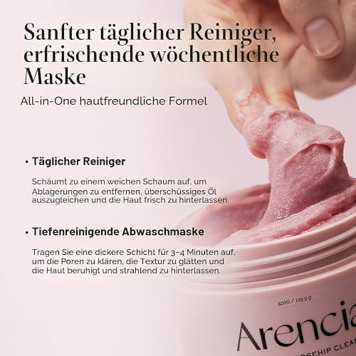 Arencia Fresh Rosehip Rice Mochi Cleanser – Sanftes Peeling 2-in-1 Gesichtsreinigungsmittel & Maske mit Hagebutte, Aloe Vera & Kamille für Alle Hauttypen, 120 g thumbnail 7