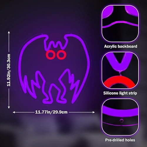 FuugZze Mothman Neon Signs for Wall Decor Neon Lights for Bedroom,Mothman Halloween Led Signs for Bedroom Wall Party Birthday Christmas Gifts USB Light Up Sign for Office Man Cave Gothic Home Decor thumbnail 3