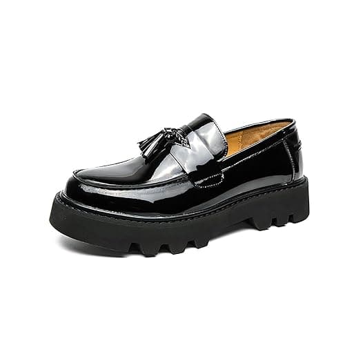 Men's Black Patent Leather Platform Loafers Slip-On Dress Shoes with Tassel, Non-Slip Lug Sole Round Toe Penny Formal Shoes for Business Work & Daily - Image 1