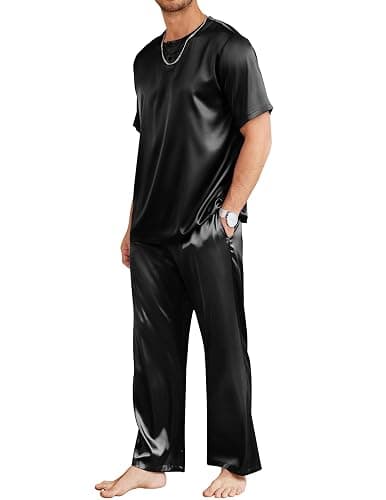 Ekouaer Mens Silk Pajama Set Short Sleeve Sleepwear Satin Pj with Long Pant | Loungewear,Breathable Nightwear,Soft Bottoms,Drawstring,Pocket,Matching Sets,Summer,Fall,Winter,Men's Gift,Vacation Outfit - Image 1