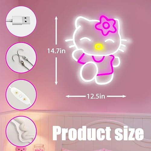 For Kitty LED Neon Cat Wall Light Sign, Pink and White, Dimmable, 14.7x12.5 Inch, USB Powered, Room Decor for Girls Bedroom, Christmas Birthday Gift thumbnail 3