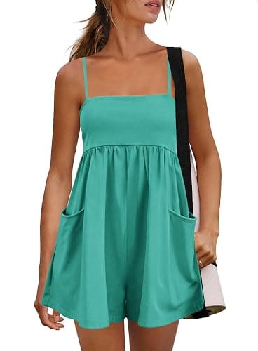 Panadila Womens Summer Rompers Beach Vacation Clothes Spaghetti Strap Short Jumpsuits Square Neck Dress with Pockets - Image 1