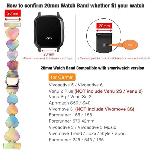 Abanen 20mm Resin Heart-Shaped Watch Band for Garmin Vivoactive 6/5 / Venu 2 Plus/Venu Sq, lightweight Adjustable Wrist Strap with Foldover Clasp for Forerunner 570 42mm thumbnail 2
