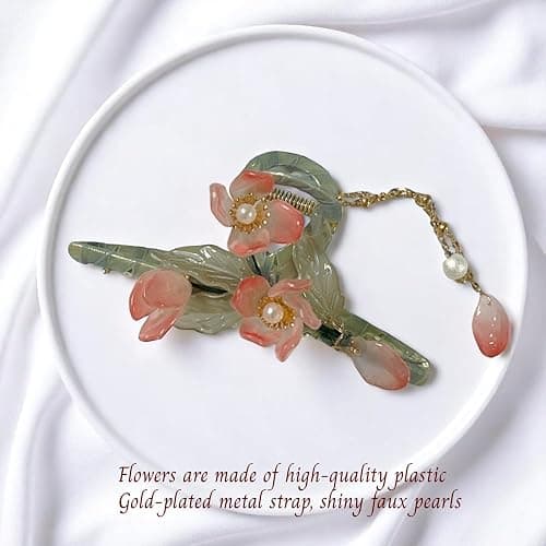KEMMINTVN Colored Flowers Tassel Hair Claw Clips, Vintage Floral Hair Claw Clip, Orange Pearl Flower Design with Tassel, Large Flower Cross Metal Hair Clamps thumbnail 6