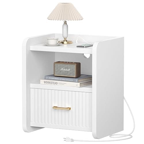 Curlaky Night Stand with Charger Station, Fluted Wood Nightstand with Drawer Storage, Modern Bedside Table, Wide Nightstands for Bedroom, Mid Century Wooden Night Stands for Home Office Sofa Couch thumbnail 9