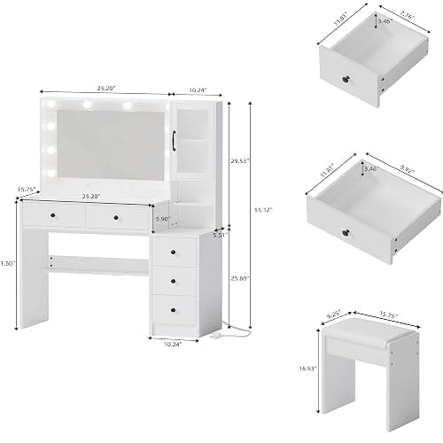 Vanity Desk with Lights, Makeup Vanity Set with Charging Station and Chair, Makeup Vanity with Mirror and 10 LED Lights, Makeup Vanity with Power Strip, Dressing Table Set with 5 Drawers black Handle thumbnail 2