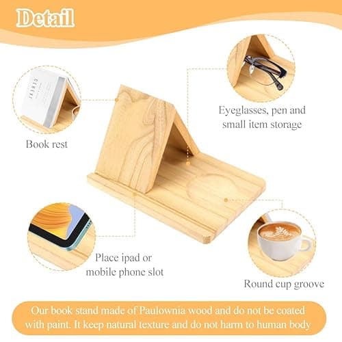 Gachiwar Triangle Book Holder, Wood Bookshelf Present for Mum, Wooden Book Stand for Bedside Desk Table Decor with Coffee Drink Holder for Book Lover thumbnail 5