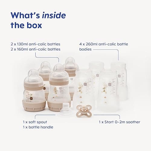 MAM Easy Start Anti-Colic Bottle Starter Set | Includes 4X Feeding Bottles and MAM Original Start 0-2 Month Soother | Self-Sterilising | Baby Gift Set of Newborn Essentials | White (Various Designs) thumbnail 2