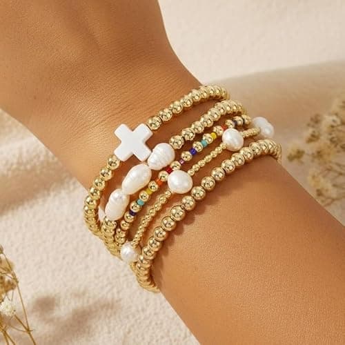 SHINUS BOHO 14K Gold Pearl Beaded Cross Bracelets Stack Set for Women,Stretch Boho Colorful Christian Beads Ball Jewelry Trendy Gift thumbnail 2