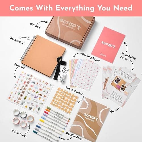 Scrapbook Kit - 80 Page Photo Album DIY Scrapbook - Holds 300+ Photos, with Metallic Pens, 150+ Stickers, Glue Pen, Washi Tapes, Backing Paper, Photo Corner Stickers (Starter Kit - 8 x 8 Inch, Kraft) thumbnail 3