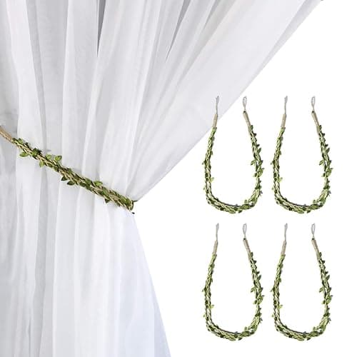 Valea Home Curtain Tiebacks Ropes Natural Burlap Rope Holdbacks with Artificial Vines Fake Foliage Ivy Leaf for Rustic Wedding Party Home Decorative Curtain Holders, Set of 4 - Image 1