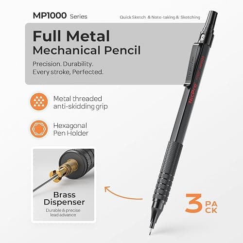 Nicpro 0.9 Metal Mechanical Pencil Set with Case, 3PCS Black MP1000 0.9mm Drafting Pencil, 8 Tubes HB Lead Refills, 3PCS Erasers, Erasers Refills for Artist Writing, Drawing, Sketching thumbnail 4