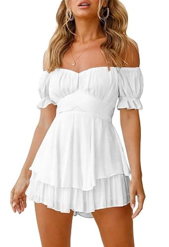 Fixmatti Women Boho Romper Off Shoulder Ruffle Chiffon Shorts Jumpsuit Playsuits - Image 1