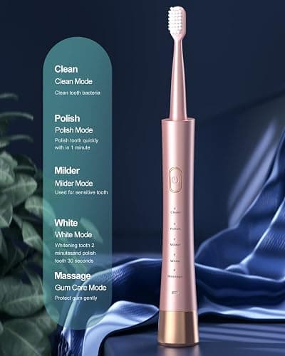 AJELU Sonic Electric Toothbrush for Adults, USB Rechargeable Sonic Toothbrush with 8 Brush Heads, Smart Timer, 5 Modes, 2-Hour Fast Charge Last 30 Days, Pink thumbnail 2
