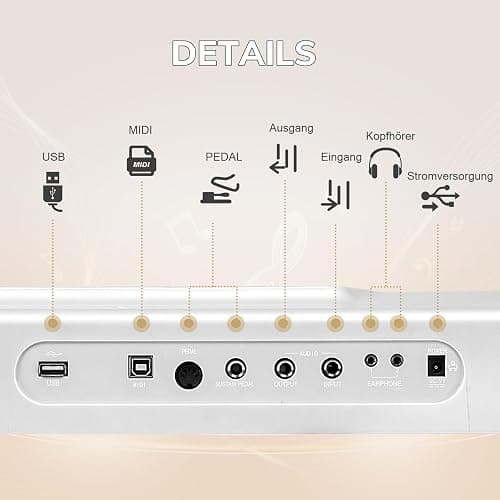 LEADZM 88 Tasten Halbgewichteten Digital Piano, Full Size Keyboard, Elektronische Tastatur mit Doppelrohr-X-Förmigem Ständer, Bluetooth MIDI, Notenständer, Sustain-Pedal, Kopfhörer (Weiß) thumbnail 4