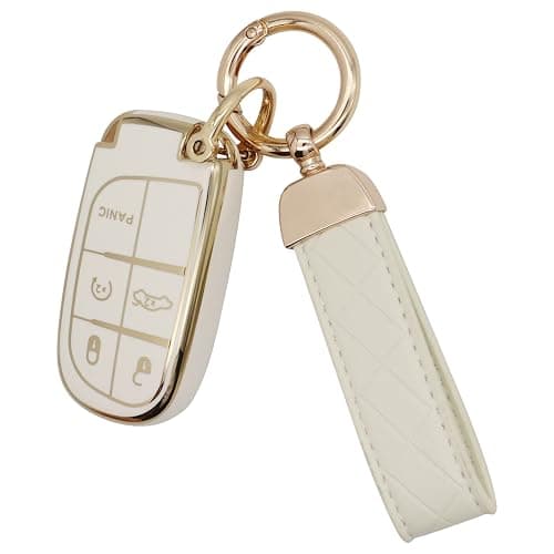 SUNCARACCL for Jeep Key Fob Cover with Leather Keychain, Soft TPU Full Cover Protection Key Case for Grand Cherokee Renegade Dodge Durango Challenger Journey Smart Key - Image 1