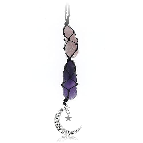 BOHO GARDEN Crystal Hanging Car Charm - Purple Rear View Mirror Hanging Car Accessories for Women, Moon Decor Hanging Ornament, Witchy Gifts and Healing Stones - Rose Quartz & Amethyst - Image 1