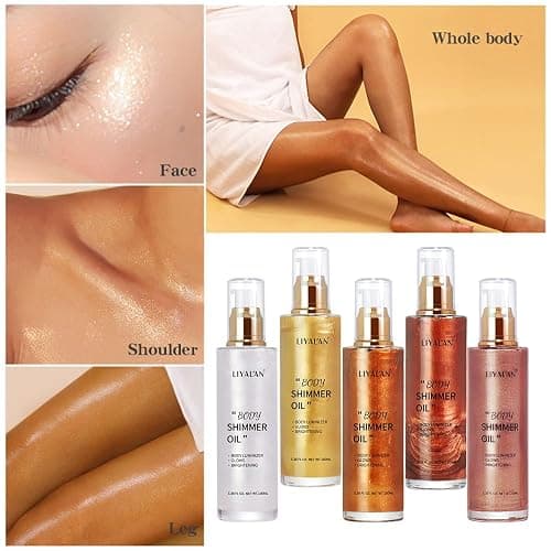 Liyalan Shimmer Body Oil 5 Color Gold 3.38 Fl Oz Face Glow Pearl Highlighter Illuminator Body Makeup Shine Glitter Gold Liquid Taning thumbnail 5