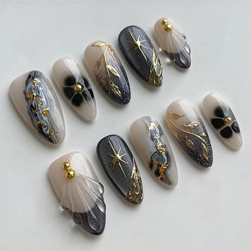 24Pcs Almond Press on Nails Medium Fake Nail with 3D Leaf Designs Marble Nail Art Gold Leaves Acrylic Nails Press ons Reusable French Tip False Nail Full Cover Floral Glue on Nails for Women - Image 1