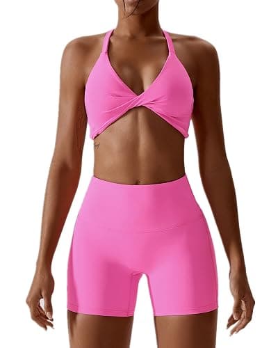 ABOCIW Workout Sets for Women 2 Piece Twist Front Halter Sports Bras High Waist Biker Shorts Exercise Gym Yoga Outfit - Image 1