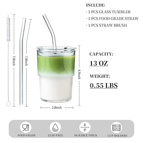 Olvini 13oz Glass Tumbler with Straw and Lid, Reusable Iced Coffee Cup Tumbler, Cute Glass Cups for Water, Matcha, Travel Coffee Mugs (Clear) thumbnail 3