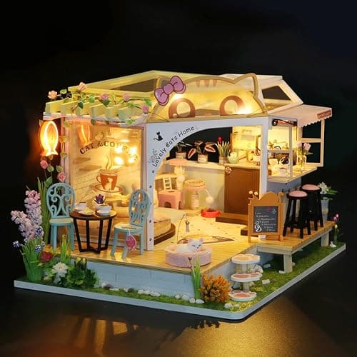 DIY Cat Cafe Puppenhaus Miniatur-Kit Katze Coffee Shop 3D Modellbausätze Holz Puppenhaus Möbel Lichter Zubehör Geburtstag für Kinder Jungen Mädchen thumbnail 2
