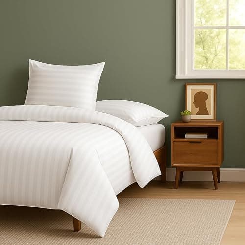 MIA we dress your home Luxury Double Duvet Cover Set - Hotel Quality Satin Stripe White Bedding Set Comforter Quilt Cover With 2 Pillowcases Zip Closure (White, Double) thumbnail 2