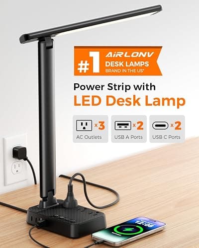 Airlonv LED Desk Lamp for Office Home, Power Strip with 3 Outlets 4 USB Charging Ports(2 USBC), 4 Modes 5 Level Brightness Desk Light, Small Desk Lamp for College Dorm Room Essentials thumbnail 2