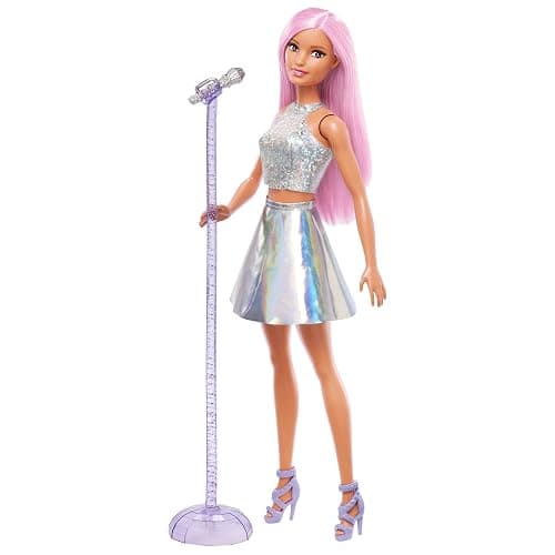 Barbie Pop Star Doll and Microphone Wearing Bright Skirt Pink Hair Gift for 3-7 Years Old JCW42 - Image 1