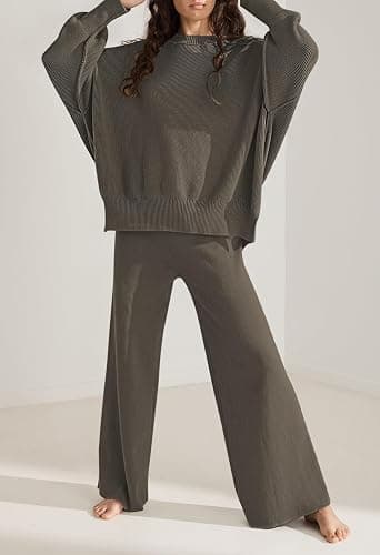 Pink Queen Women's 2 Piece Outfits Sweater Sets Knit Pullover Tops And Wide Leg Pants Loose Tracksuit Lounge Set thumbnail 2