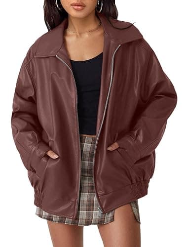 hathne Women's Oversized Leather Jackets Faux Zip Up Fall Fashion Motorcycle Jackets Coats Winter Clothes - Image 1