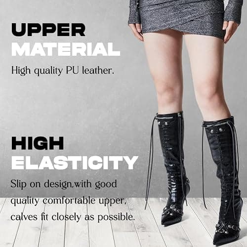 Oiamenne Knee High Boots for Women Fashion Slide Zipper Pointed Toe Stiletto Studded High Heel Rivets Tassel Boots Party Dress Shoes thumbnail 6