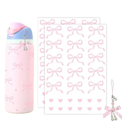 Romukuku Bows Stickers for Custom Owala Accessories, Heart Decals Transfer Stickers for Water Bottles, Bows Pearl Charms for Owala (Pink) - Image 1