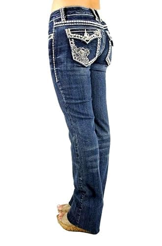 Jack David Woman’s Bootcut Jeans Blue Stretch 5-Pocket Premium Denim Jeans Embellished Rhinestone mid Rise Boot Cut. thumbnail 5