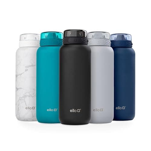 Ello Cooper 32oz Stainless Steel Water Bottle with Straw and Carry Handle, Double Walled and Vacuum Insulated Metal, Leak Proof Locking Lid with Soft Silicone Spout, Reusable, BPA Free, Black - Image 1