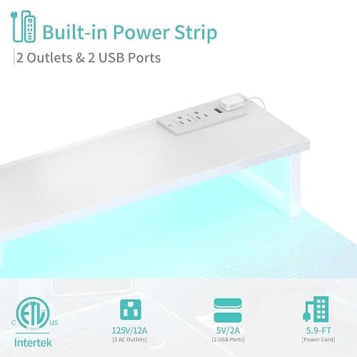 Lufeiya White Desk with Storage Shelves - 47 inch Home Office Gaming Desk with Monitor Stand, Computer Desk with LED Lights and Power Outlets, White thumbnail 5