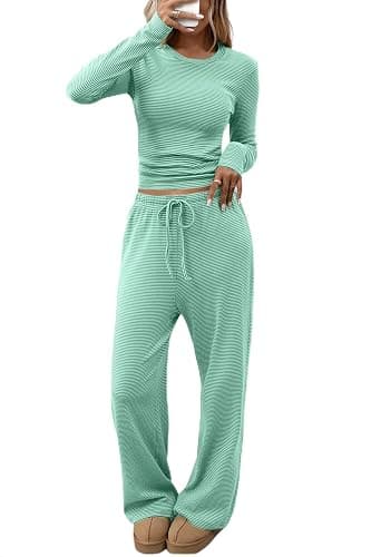 CHYRII Womens Two Piece Sets Fall Fashion Striped Long Sleeve Tops Wide Leg Palazzo Pants Outfits Loung Sets - Image 1