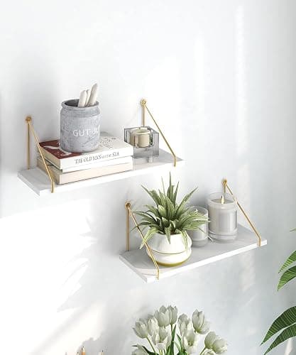 Afuly White Floating Shelves Wood for Wall Mounted with Metal Brackets Rustic Wooden Storage Accessories Shelf for Bathroom Kitchen Bedroom Living Room Office Plant Display, Set of 2 thumbnail 4
