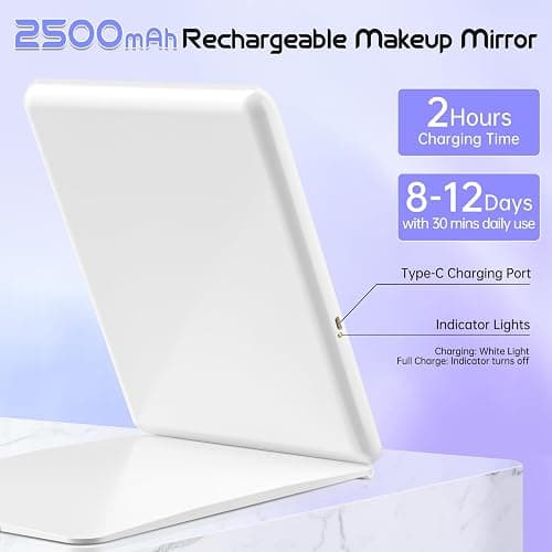 FUNTOUCH Rechargeable Large Travel Makeup Mirror with Lights, 2500mAh 10x7.5 Portable Lighted Makeup Mirror with 3 Color Lights, Dimming Folding Light Up Travel Mirrors with 10X Magnifying Mirror thumbnail 3
