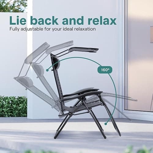Zero Gravity Lounge Chair, Adjustable Steel Mesh Recliners, with Canopy, Removable Pillows and Cup Holder Side Tables, Set of 2, Black thumbnail 3