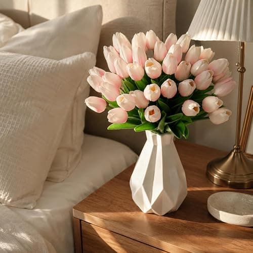 20 PCS Light Pink Artificial Tulips Flowers, 13.4" Lifelike PU Fake Tulips for Outdoors & Indoors, Faux Flowers with Real Touch Texture for Easter Decorations, Home, Living Room and Spring Decor. thumbnail 4