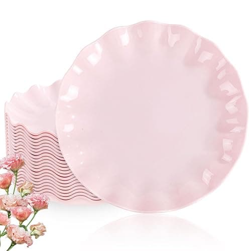 LIYH 20 Pcs 10 Inch Pink Scalloped Plastic Plates Reusable - Unbreakable Plastic Plates for Weddings Party Outdoor Picnics Dishwasher Safe BPA Free (20Guests) Wedding Plate - Image 1