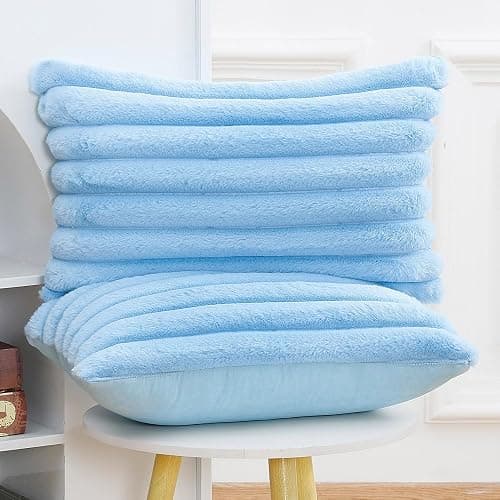 MADIZZ Set of 2 Faux Wool Plush Decorative Throw Pillow Covers 12x20 Inch Light Blue Fluffy Striped Soft Decorative Cushion Cover for Sofa Bedroom Pillow Shell - Light Blue - 20" x 12" (Pack of 2) thumbnail 3