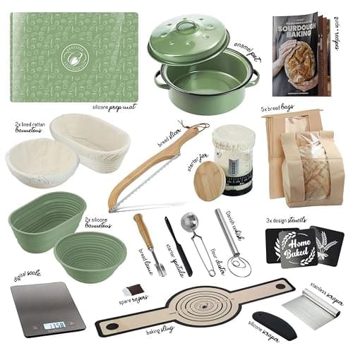 All-Inclusive 𝗣𝗥𝗘𝗠𝗜𝗨𝗠 Sourdough Starter Kit with Pot, 34 Oz Starter Jar, 4 Banneton Bread Proofing Baskets, Scraper, Scale, Sourdough Bread Baking Supplies, Detailed Beginner Guide & Recipes thumbnail 3